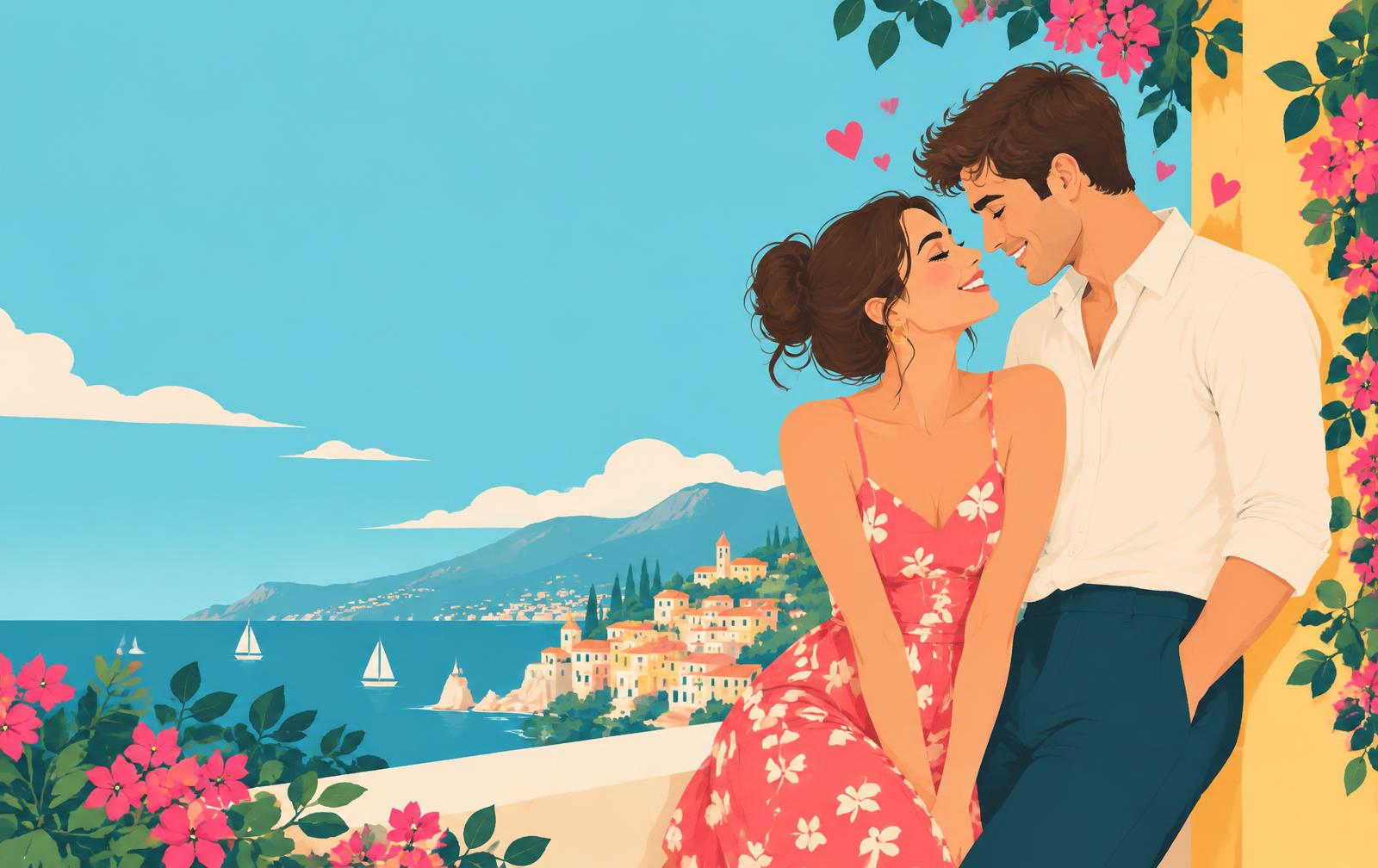 Illustrated romantic couple on a sunny coastline